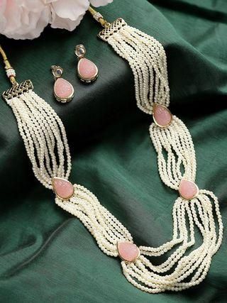 Karatcart Pink Carved Stone Studded Pearl Beaded Rani Haar Necklace Set for Women