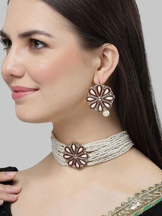 Karatcart Gold Plated Maroon Meena Floral Pearl Beaded Kundan Choker Necklace Set for Women