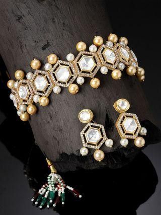 Karatcart Golden Pearl Studded Polki Kundan Choker Necklace Set for Women