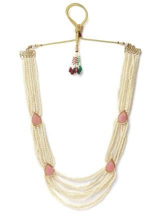 Karatcart Pink Carved Stone Studded Pearl Beaded Rani Haar Necklace Set for Women